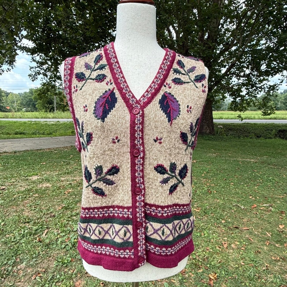 Mountain Lake Women Small Ramie Cotton Knit Leaf Fair Isle Sweater Vest Y2K